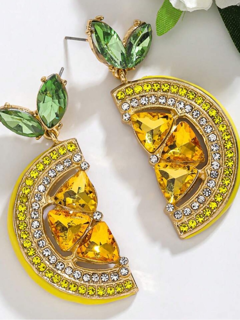 Yellow and Green Crystal Lemon Dangle Earrings